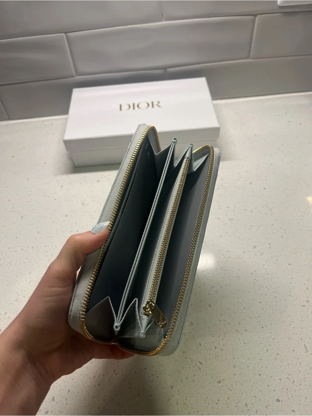 Dior Patent Quilted Wallet in Light Blue